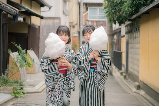 Two women in kimonos enjoying cotton candy in a traditional Kyoto street.