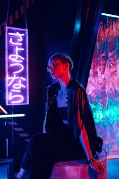 Young woman in a black leather jacket poses in a neon-lit cyberpunk setting.